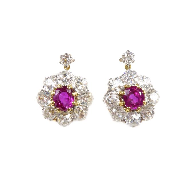 Pair of ruby and diamond cluster pendant earrings | MasterArt